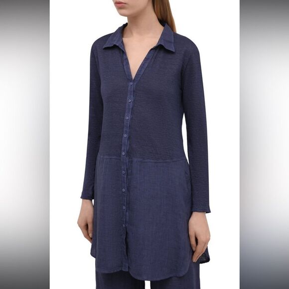 120% Lino Mixed Media Linen Long Sleeve Button Down Shirt Tunic Size L - Picture 1 of 10